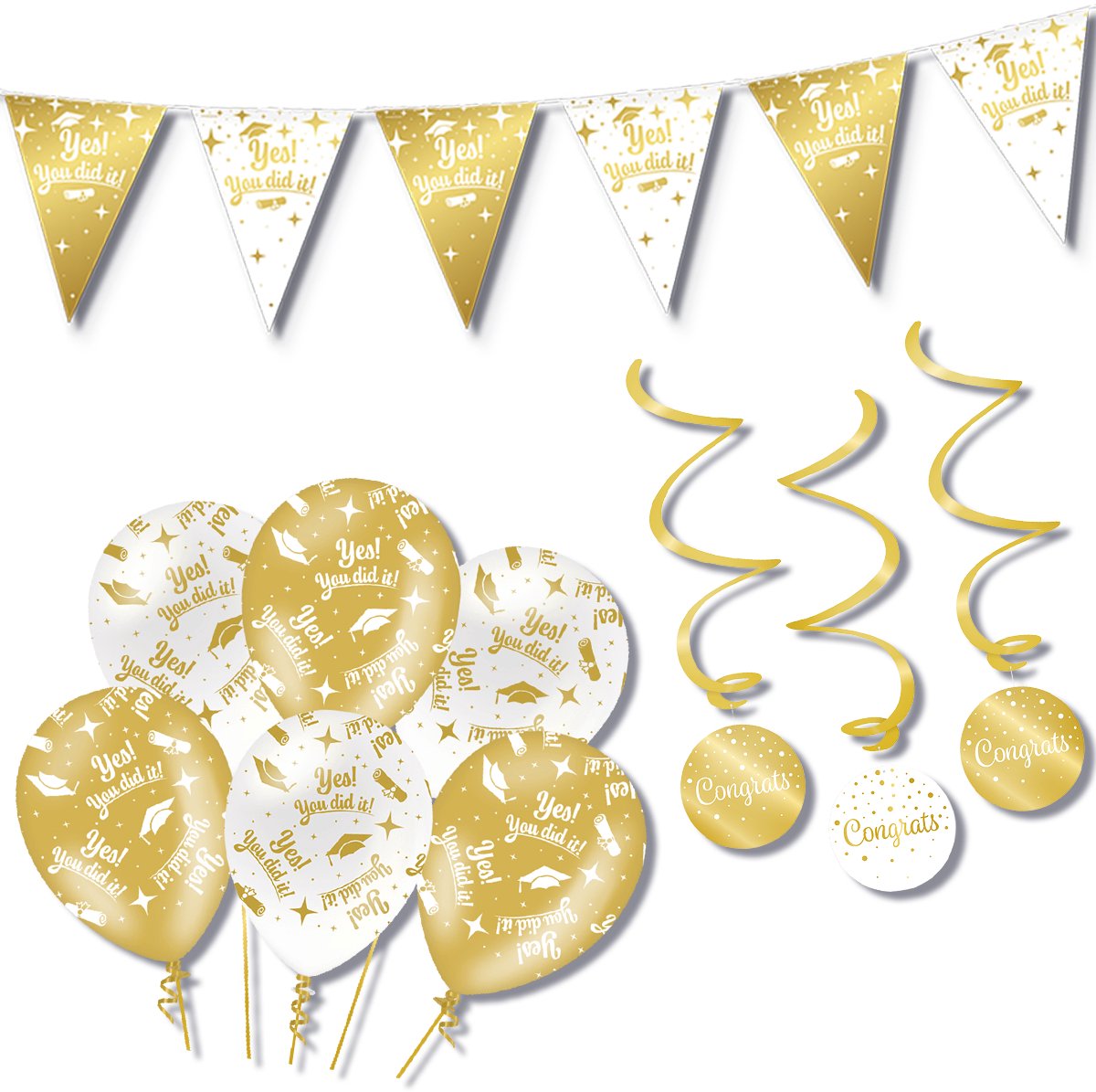 BTH – Yes You Did It – Wit-Goud – Decoratie Set – Ballonnen-Swirls-Vlaggenlijn – Alles-in-1 – Afstudeer Pakket