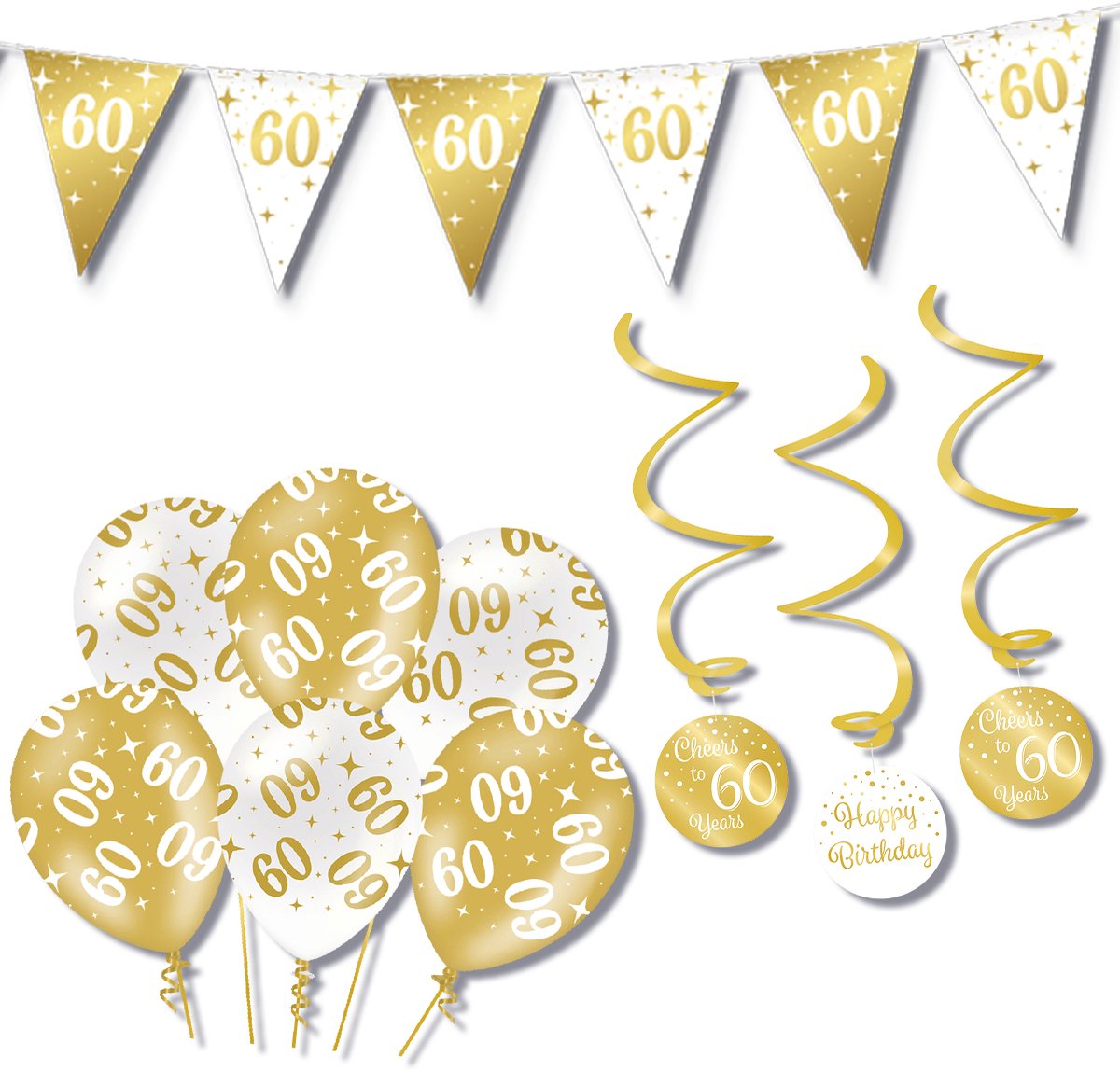 BTH – Verjaardag 60 Jaar – Wit-Goud – Verjaardag Set – Ballonnen-Swirls-Vlaggenlijn – Alles-in-1 – Decoratie Pakket