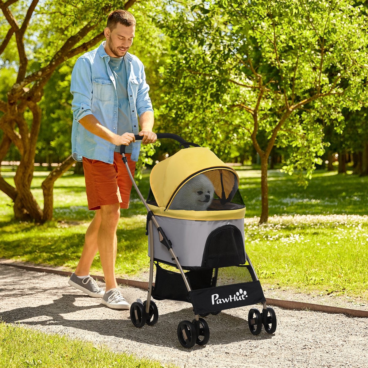 COVREO Hondenbuggy 82 x 49,5 x 98 cm geel metaal, 2-in-1 opvouwbaar
