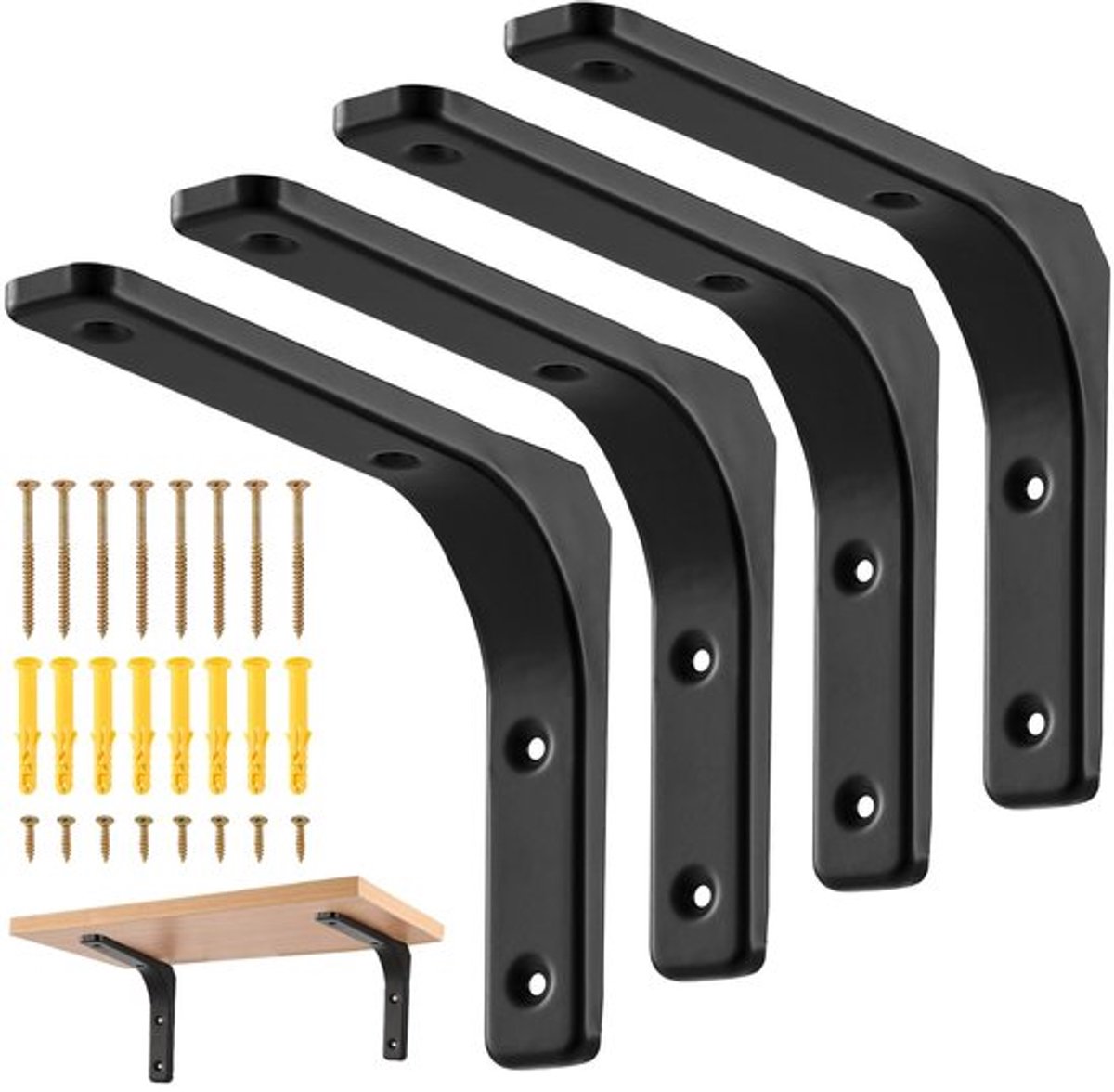 Plankdragers Zwaarlast - 4x Driehoekige Wandbeugel - Zwarte Metalen Dragers - 200x150mm - 50kg Draagvermogen - Inclusief Montageset - Planksteunen