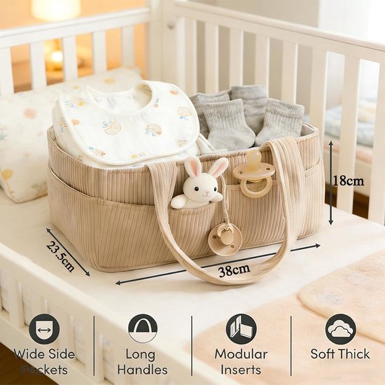 Luiertas - Luiermand - Baby opbergzak - Verzorgingsmand - Reisbaby tas - Meerdere opbergvakken voor overzichtelijke indeling - Corduroy stof - 38×23.5×18 Cm - Geschikt voor babyverzorging, luiers opbergen, babyaccessoires, thuis en onderweg - Groen — afbeelding 2