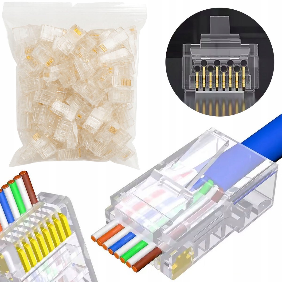 Rosfix RJ45 Stekker Doorvoer EasyPass - Cat 6e 8P8C, UTP - 100 St, Goudcontacten