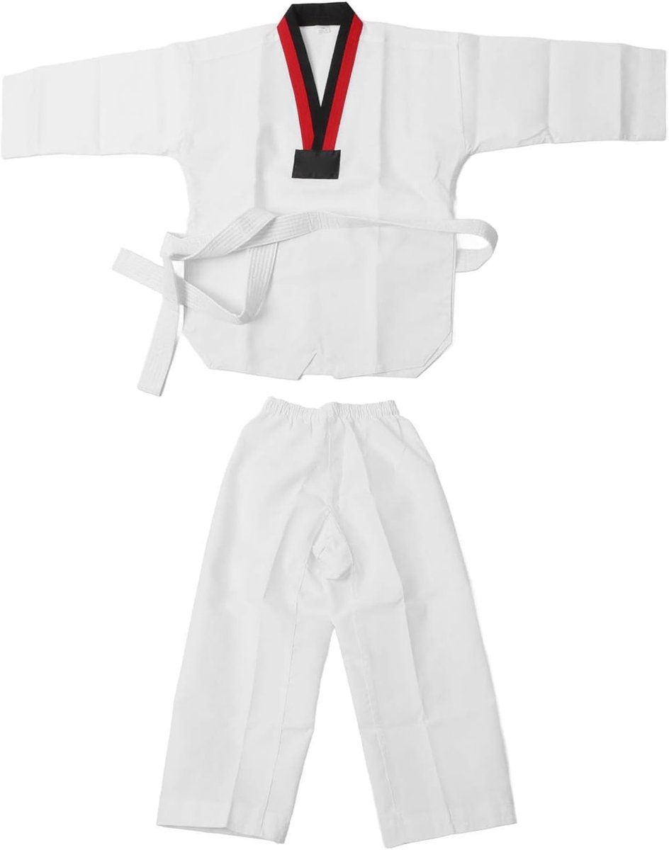 Wit Taekwondo Uniform voor Kinderen, Comfortabele Karate Judo Dobok Kleding voor Training en Wedstrijden, Ademend Katoen met Zwart Rood Kraagontwerp