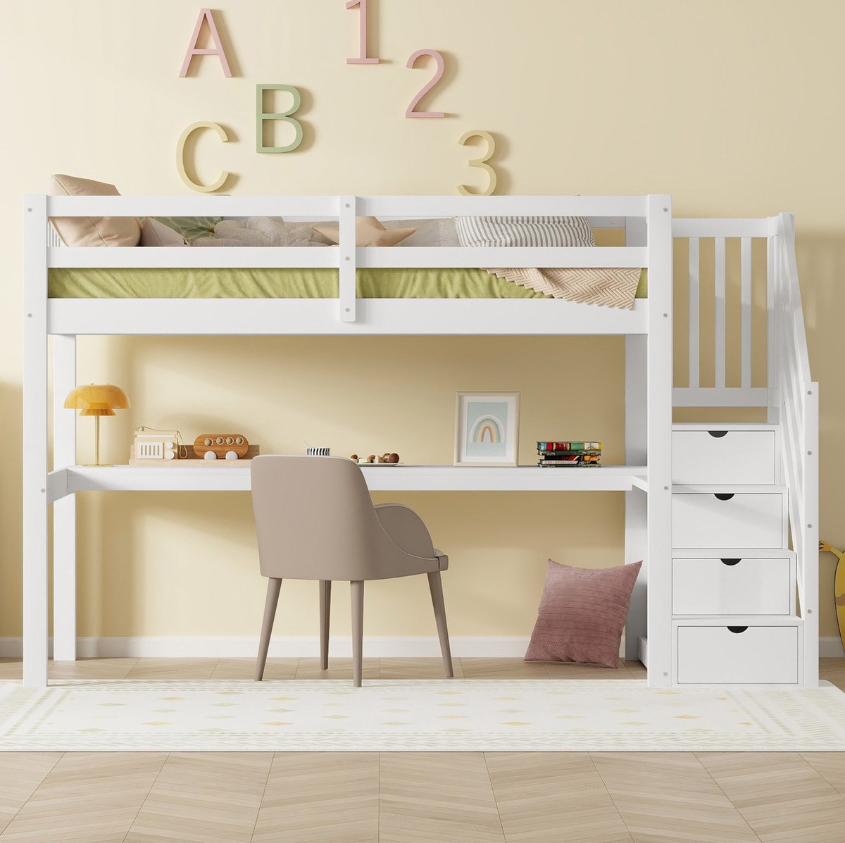 COVREO Kinderhoogslaper 90 x 200 cm wit hout-MDF, met bureau en opbergruimte