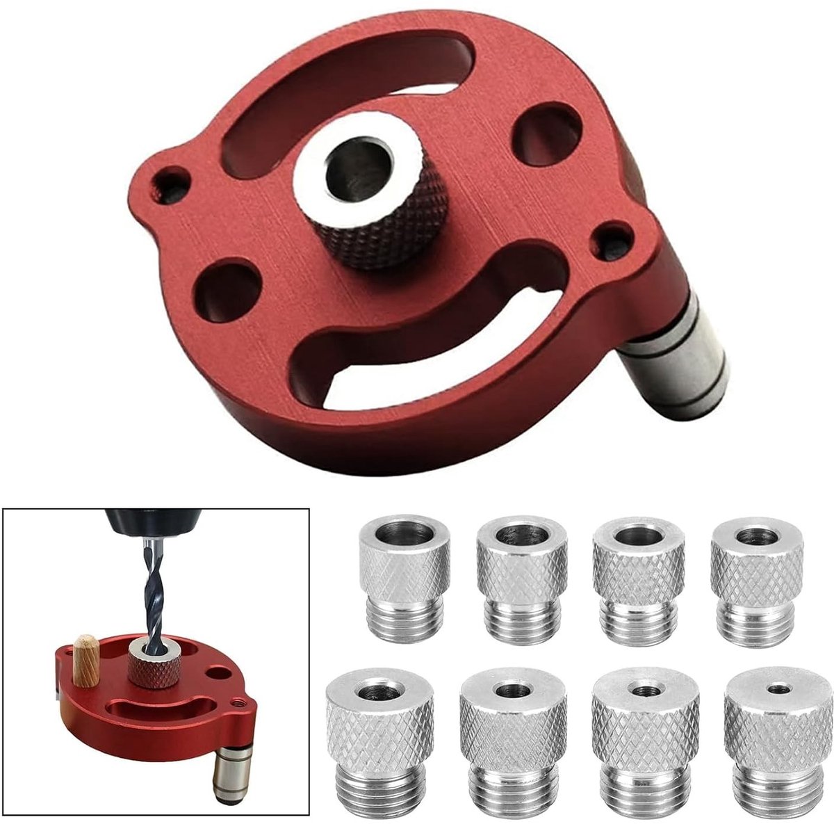 SnelShoppen - Centre Finder Boorgaten Houtbewerking, Verticaal Zelfcentrerend met 3/4/5/6/7/8/9/10 mm Boorhulzen, Aluminium Legering, Rood, Dowel Tool