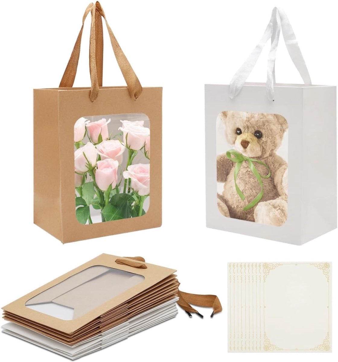 Set van 10 Kleine Cadeautas met Venster, Papieren Tassen met Handvat, Witte en Bruine Kraft Tassen voor Snoep en Cadeaus