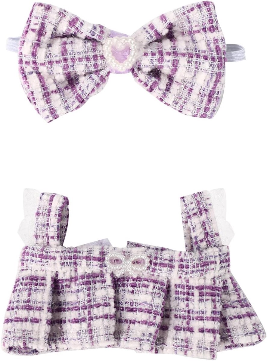 Set van 2 Stuks 17cm Popjurken, Chic en Elegante Mouwloze Tweed Jurk met Strik Haarband, Perfecte Outfit en Accessoires voor Poppen