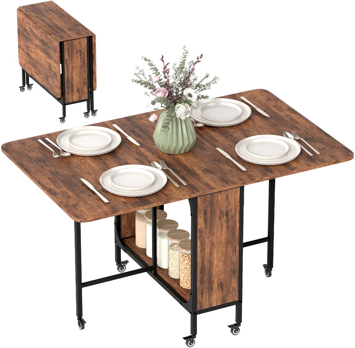 Opklapbare eettafel — Rechthoekige keukentafel — Uitschuifbaar — Met wieltjes — Geschikt voor maximaal 6 personen — Voorzien van 6 wieltjes en een ingebouwde plank