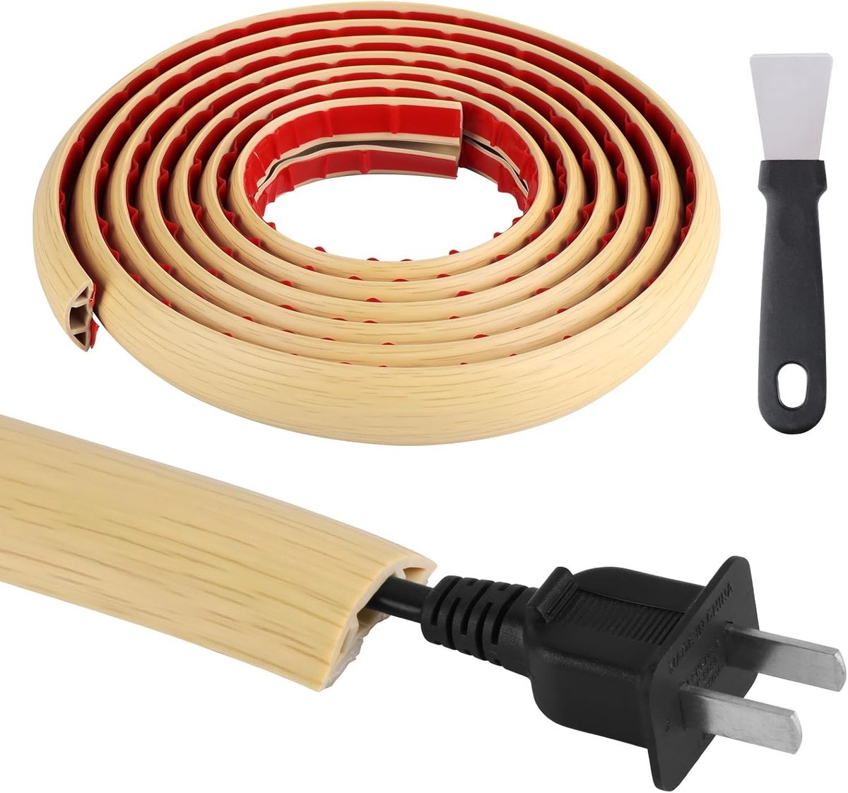 Kabelmat - Esdoornhout houtnerf - 3 m lang, 3 cm breed, 9 mm hoog - Flexibele PVC kabelgoot voor thuis en kantoor