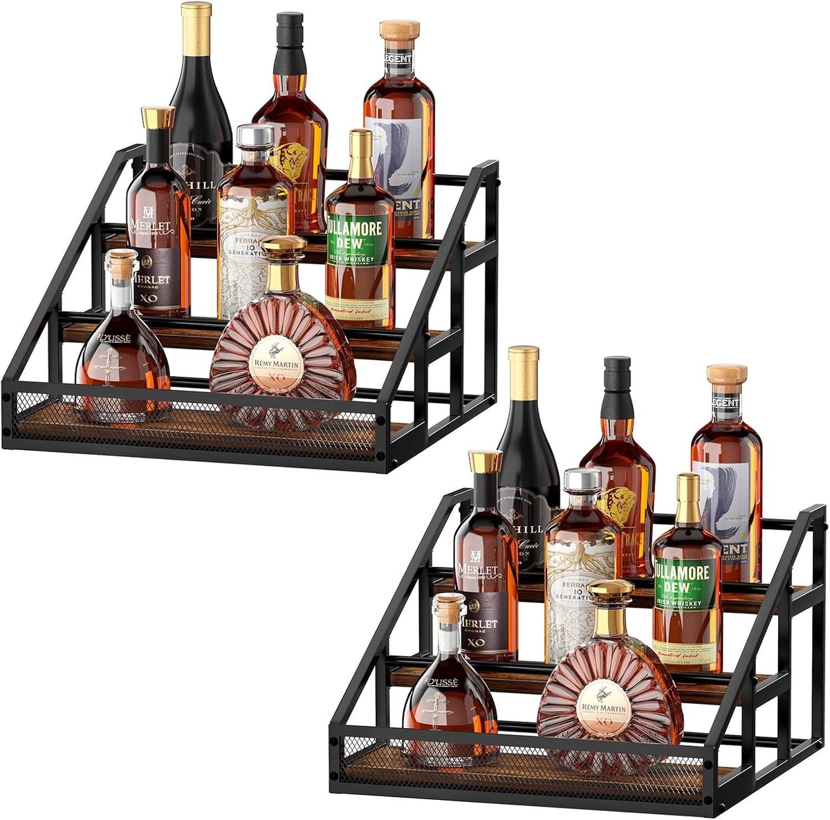 Displayrek voor Drankflessen - Hout en Metaal - 3 Niveaus - Vintage Design - Voor Thuisbars en Keukens