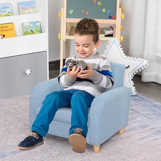 Kinderfauteuil/bank met linnenlook - massief houten poten - schuimkussen - kinderstoel voor kinderkamer/speelkamer - 49 x 45 x 44 cm - voor kinderen van 3 - 5 jaar - blauw — afbeelding 5