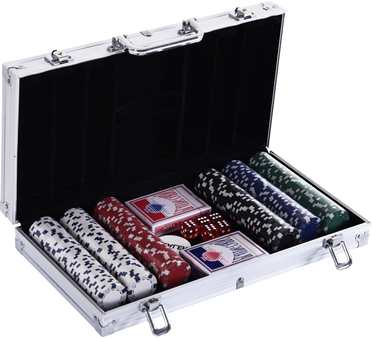 Afsluitbare pokerkoffer - pokerset met koffer - 300 fiches - 5 dobbelstenen - 2 pakken speelkaarten - accessoires - pokerfiches - complete set - pokerspel - kaartspellen - aluminium koffer voor Texas Hold'em - Blackjack