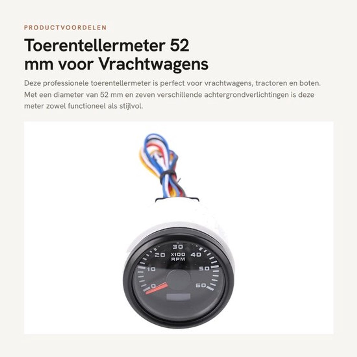 Toerentellermeter 52 Mm - 6000 Tpm - Tachometer - Achtergrondverlichting in 7 Kleuren - Geschikt voor Vrachtwagens/Tractoren - Eenvoudige Installatie - Tacho