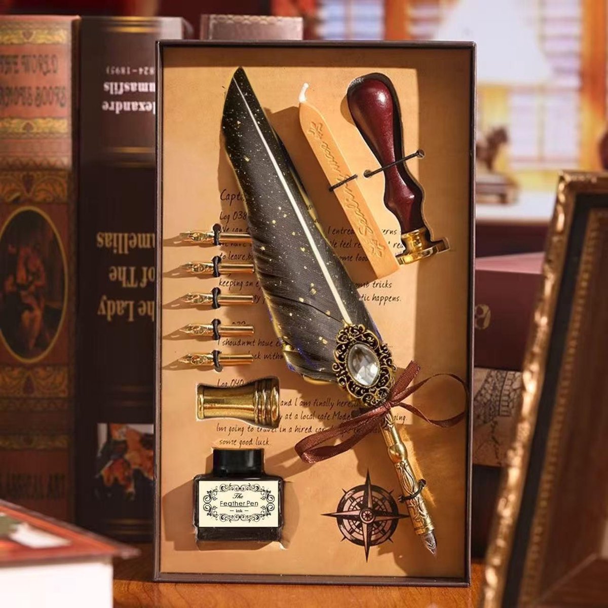 Casalora® Magische Edelsteen Verenpen Set – 10 Delige Vintage Vulpen Cadeauset met Veerpen, Penhouder, 5 Verwisselbare Pennenpunten, Lakzegel & Zwarte Inkt – Luxe Schrijfset voor Creatief Schrijven, Decoratie en Cadeau