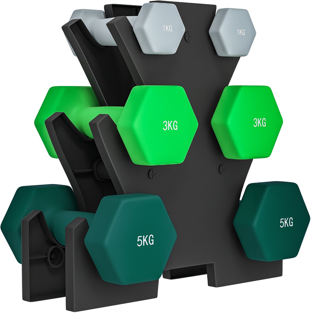 Halterset met opbergrek - set van 6 halters voor fitnesstraining - 2 x 1 kg - 2 x 3 kg - 2 x 5 kg