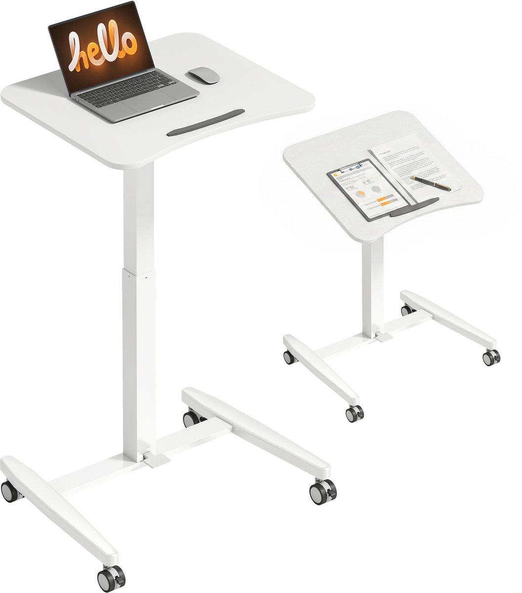 In hoogte verstelbaar sta bureau - verrijdbaar bureau met kantelbaar tafelblad - veiligheidsstop - wielen - wit