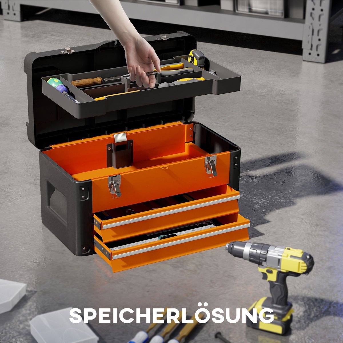 Lege gereedschapskist - 49 - 7 x 25 - 3 x 28 - 9 cm - gereedschapskist met lade - mini - kist - staal - oranje
