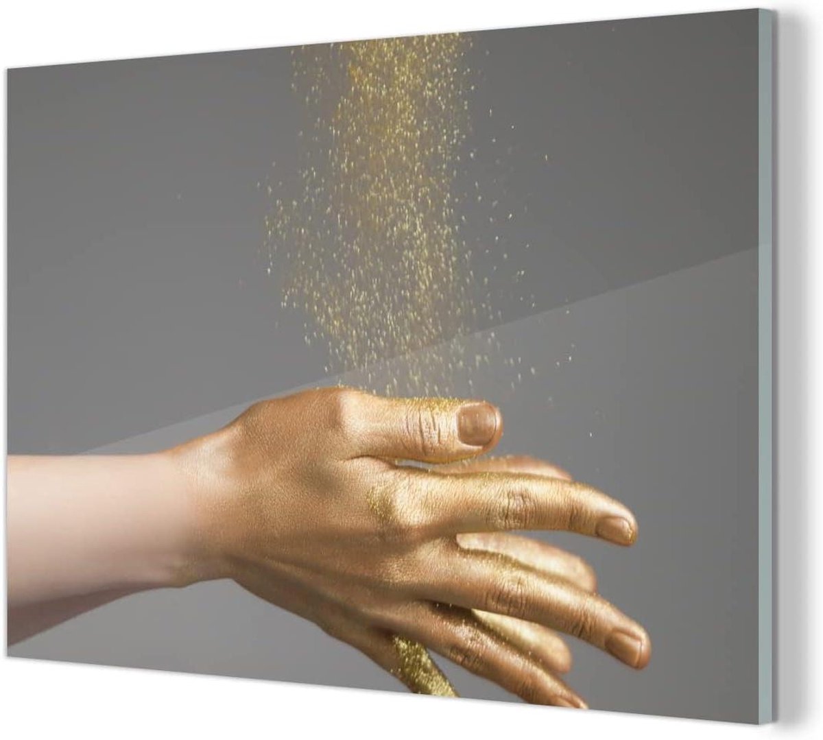 Glasschilderij Vrouw - Acrylglas Print Wanddecoratie - Woonkamer Decoratie - Gouden Glitter Effect - 90x60 cm - Multicolor