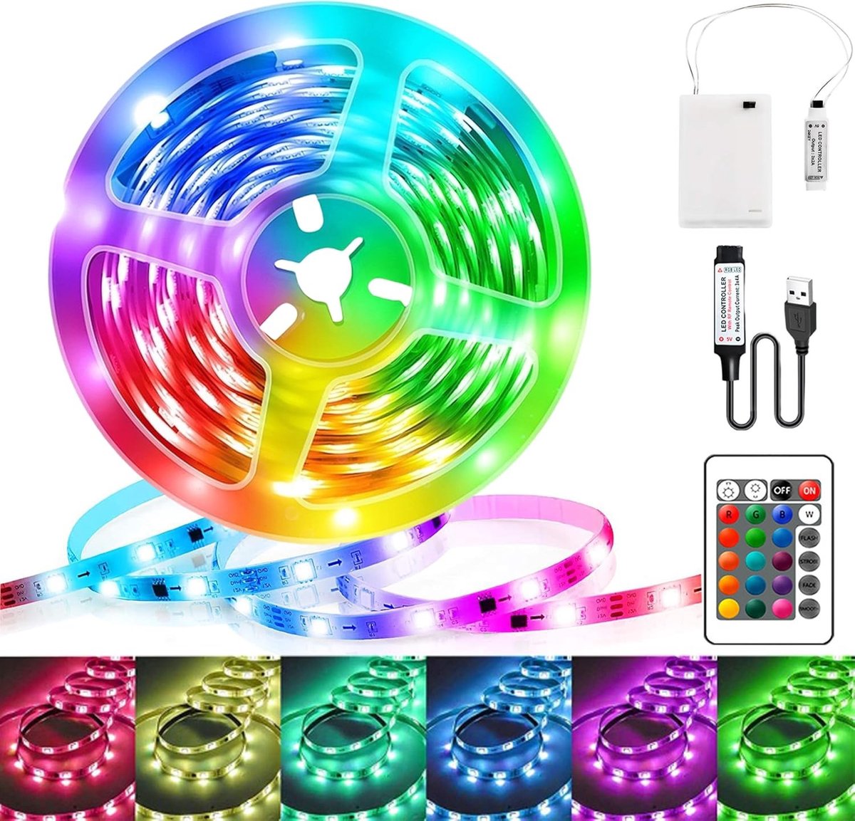 SnelShoppen - LED Strip 2m RGB 5050 - Dimbare Batterij Aangedreven LED Tape met USB en Afstandsbediening - 16 Kleuren, 4 Modus - Perfect voor TV Achte