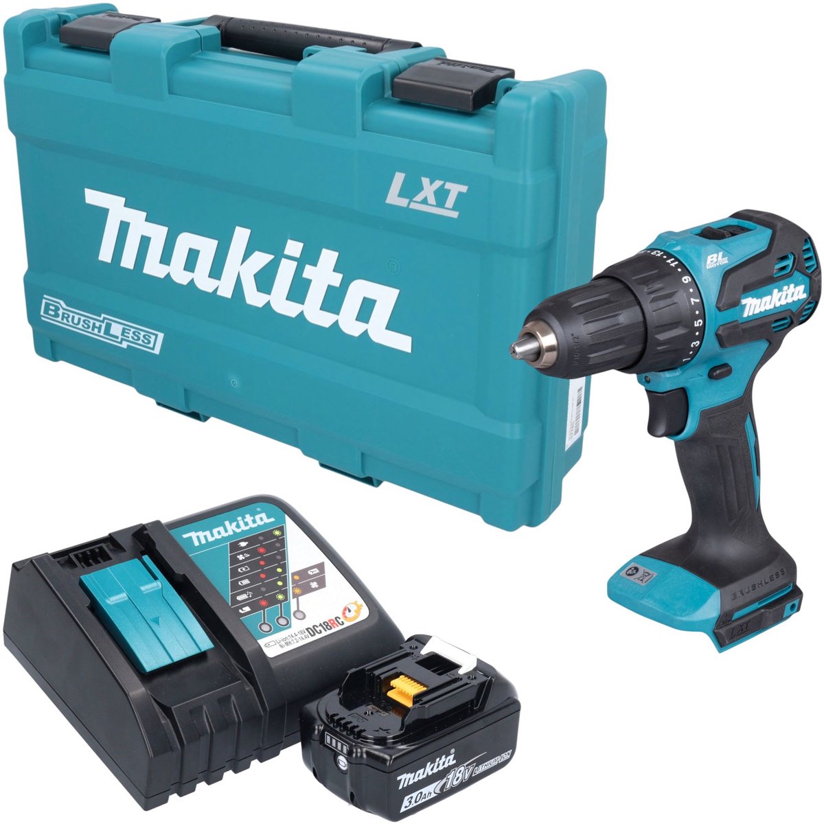 Makita DHP 490 RF1K accu-slagboormachine 18 V 65 Nm borstelloos + 1x accu 3,0 Ah + oplader + koffer