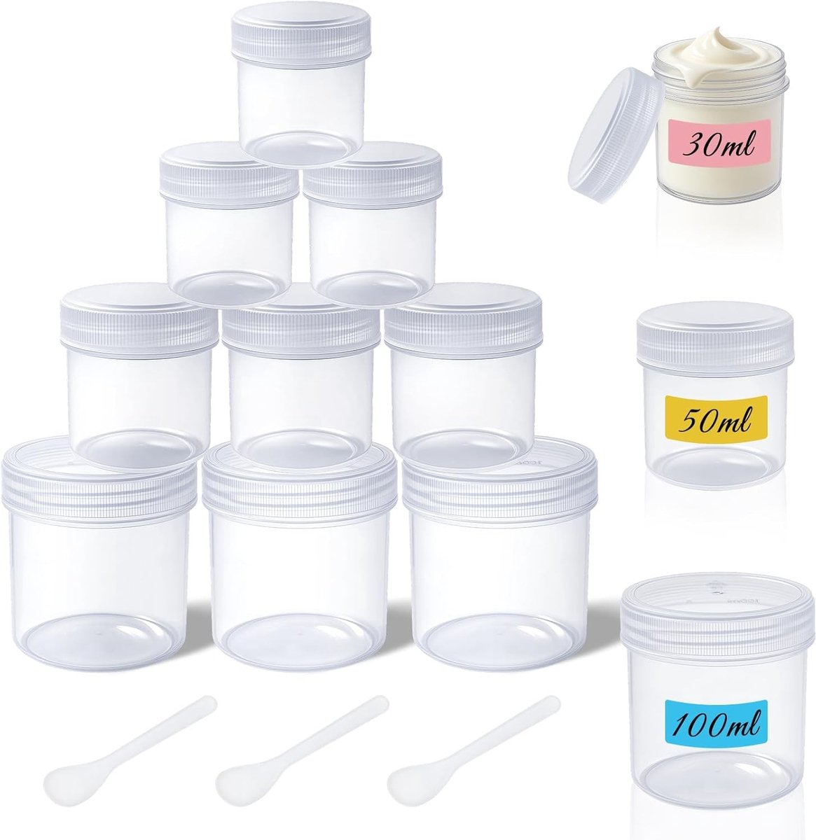 12 Stuks Transparante Cosmetische Potjes van 100ml/50ml met 3 Spatels en 1 Sticker, Lege Potjes voor Crèmes, Snoepjes en Kleine Sieraden, Perfect voor Organisatie en Opslag