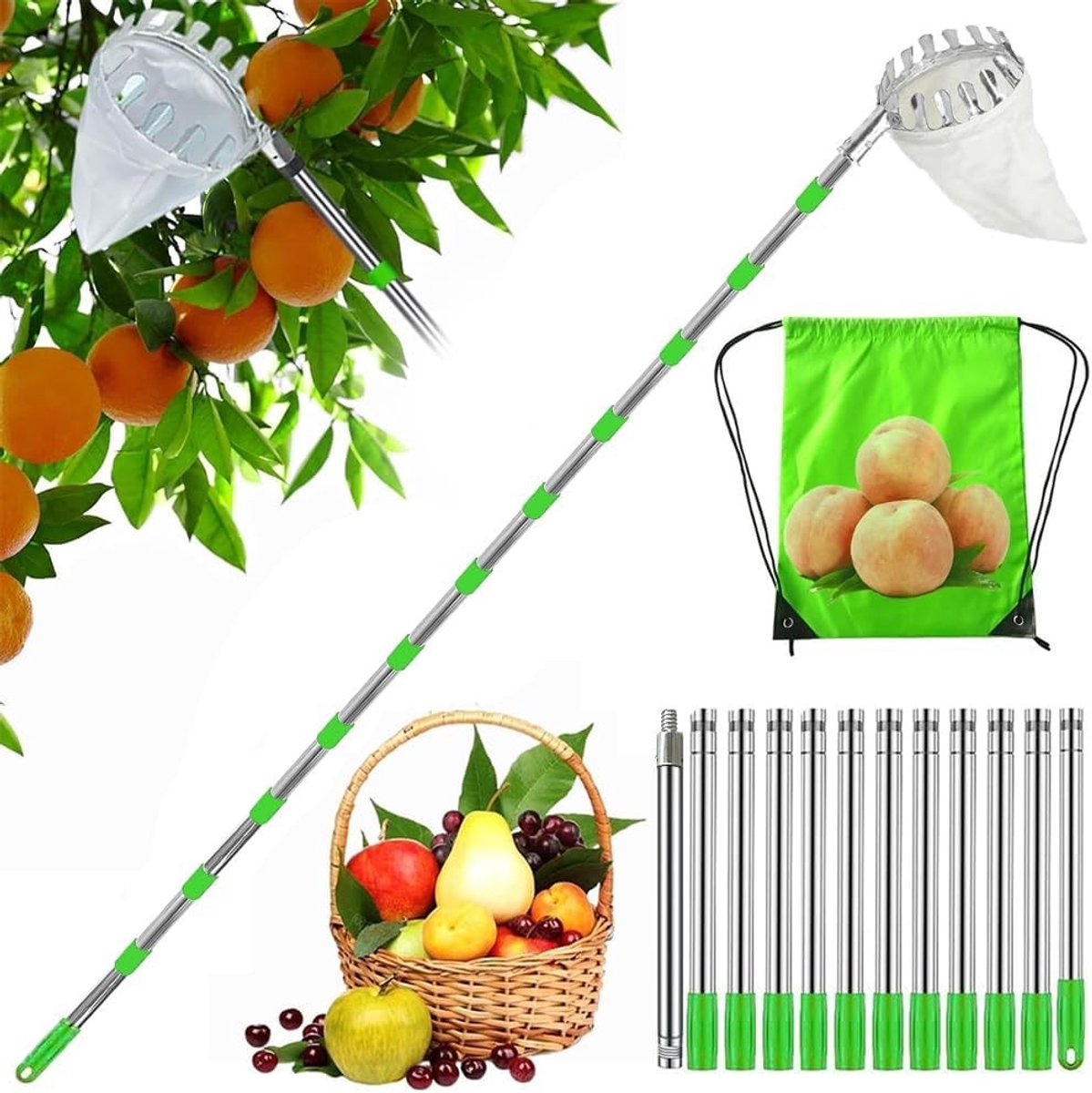 Fruitplukker met Verlengbare Stang, Appel- en Kersenplukker, Eenvoudig te Monteren, Inclusief Katoenen Tas en RVS Verbindingsstaaf, Diameter 16 cm, Ideaal voor Tuinieren en Oogsten