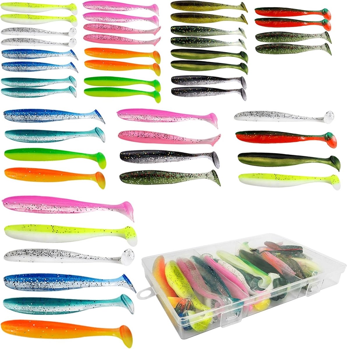 46-delige Rubber Vissersset met Aas en Reflecterende Sequins voor Snoek, Baars en Forel