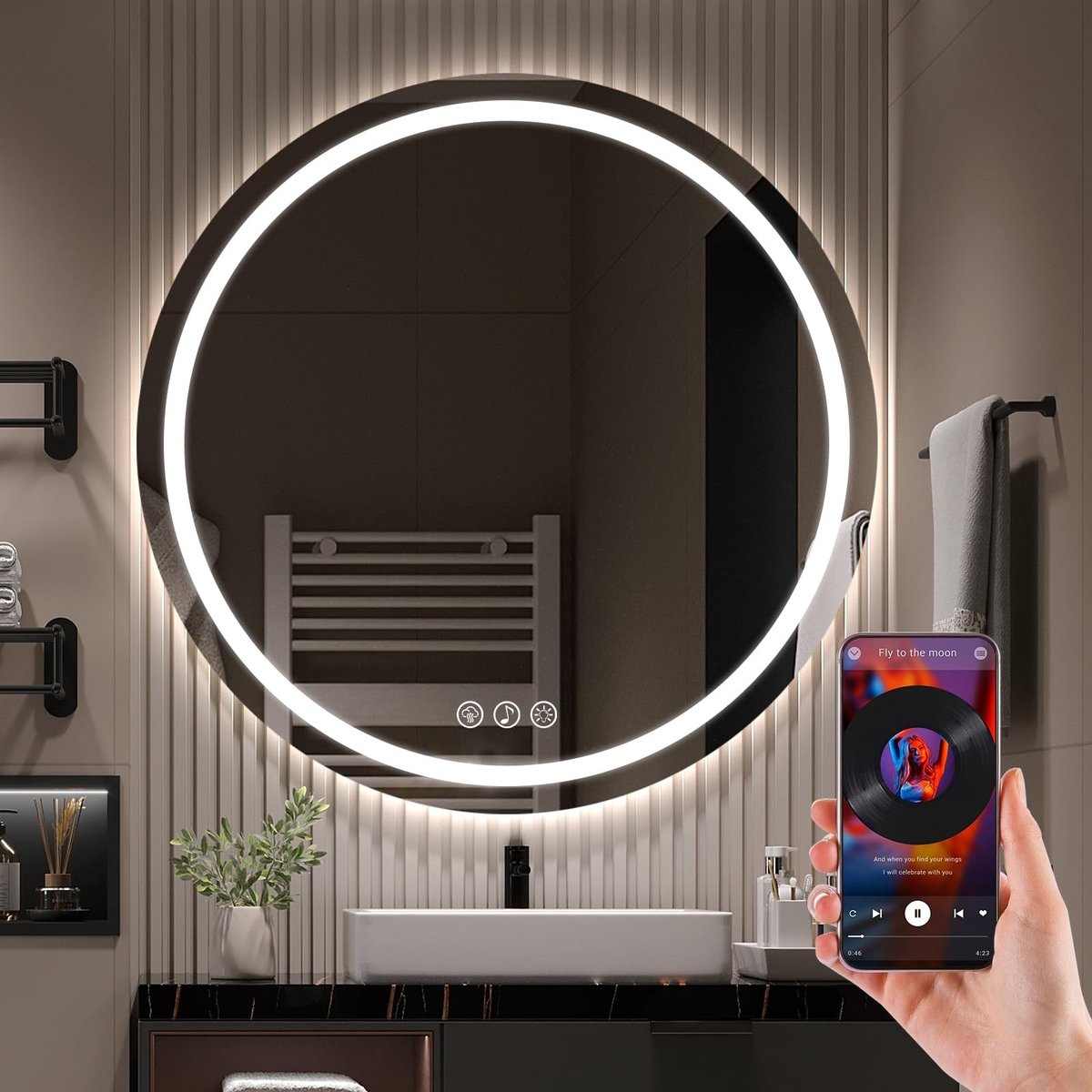 Omgoods - Ronde LED Badkamerspiegel met Bluetooth en Anti-Fog Functie, 70cm