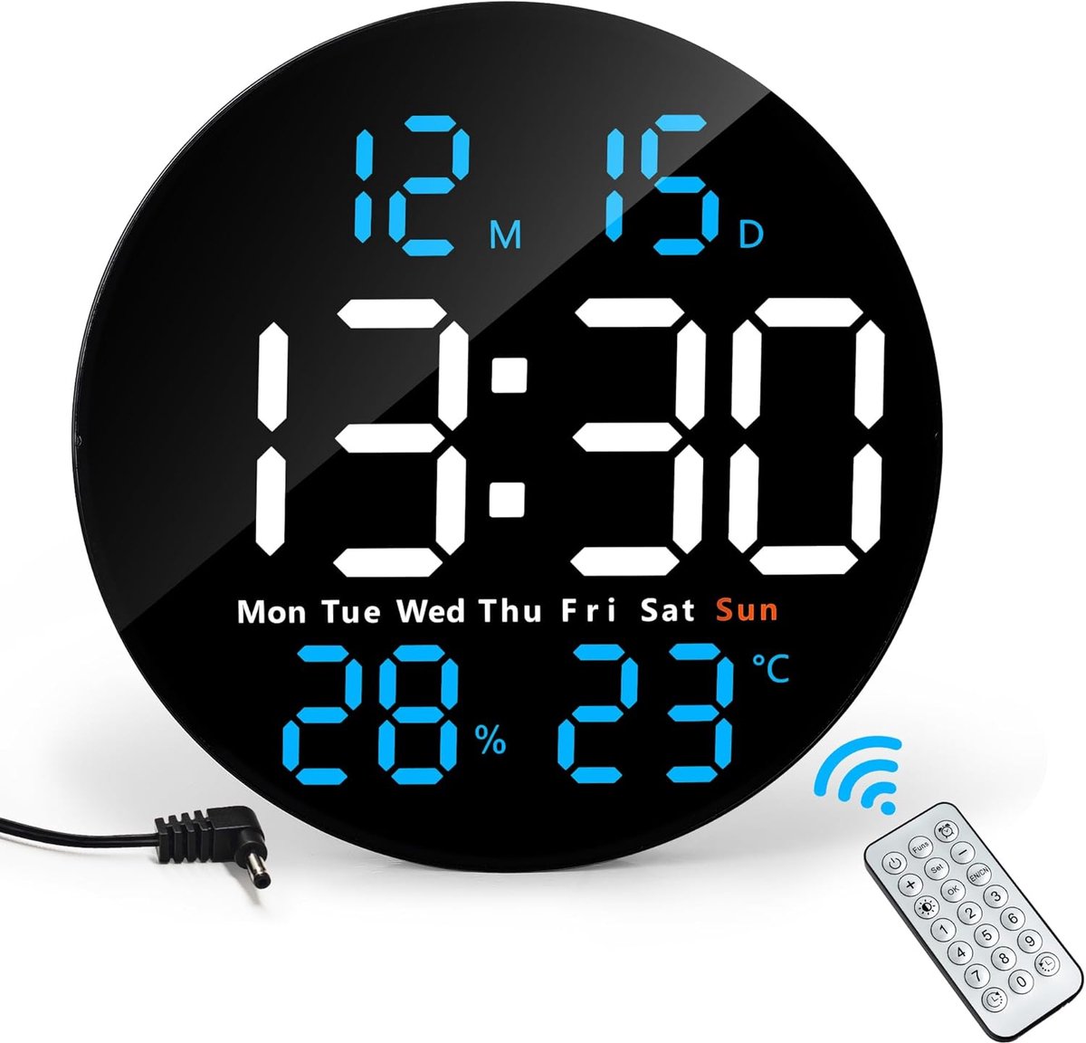 Bobypet - Digitale Wandklok 10 Inch - LED Grote Wandklok met Afstandsbediening - Stille Klok met Temperatuur, Datum, Timer en Dubbel Alarm - Automatische Dimfunctie voor Woonkamer, Kantoor en Slaapkamer - Blauw