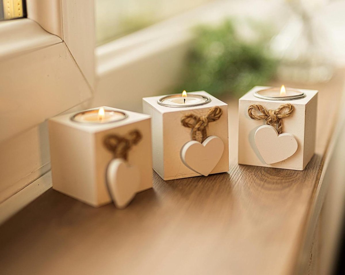 Lichtjes Hart - Houten Kandelaars - Sfeerverlichting Creëren - Set van 3 - 6x6cm - Wit