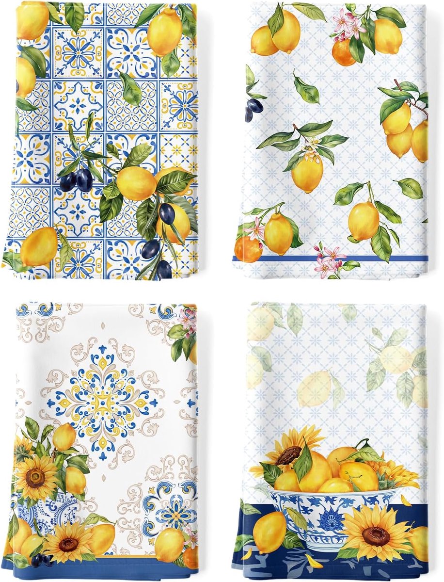 Citroen Bloemen Theedoeken - Microvezel Keuken Handdoeken - 40x60 cm - Voor Decoratie en Cadeau - Meerkleurig - 4 stuks