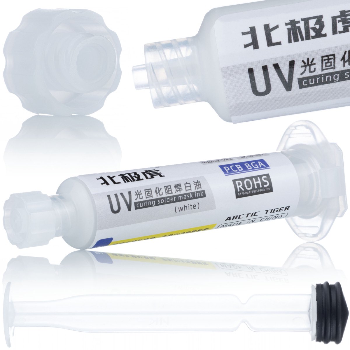 Rosfix Soldeermasker Spuit met Zuiger - Wit UV-Uithardend - Niet-Leidend - 10 Ml, 95 Mm Spuit