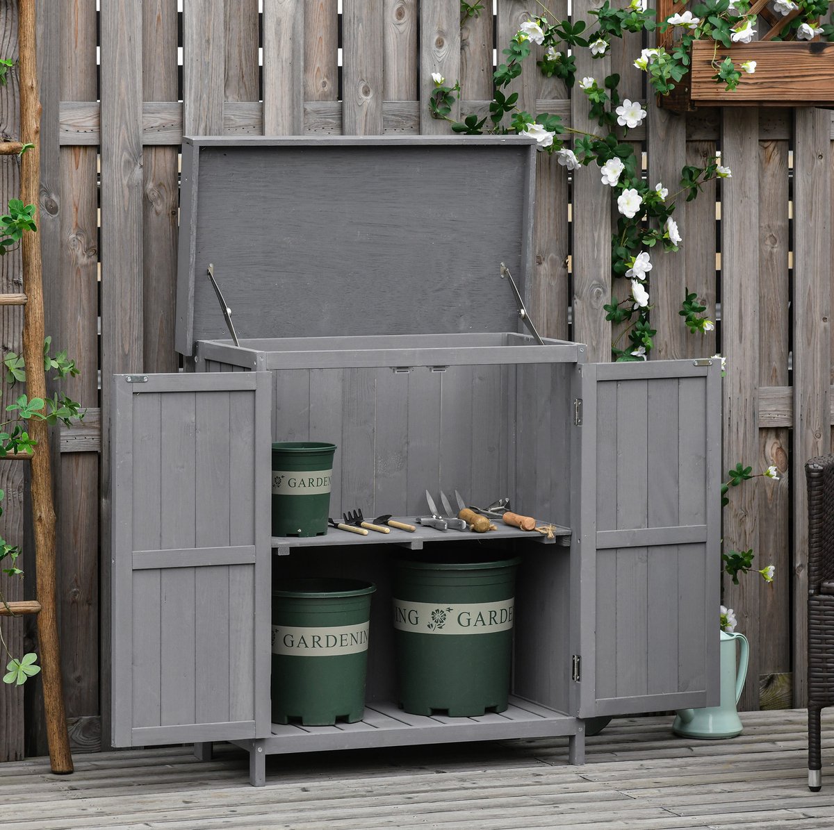 COVREO Tuinkast 74x43x88 cm grijs hout, 2 vakken voor tuin en balkon