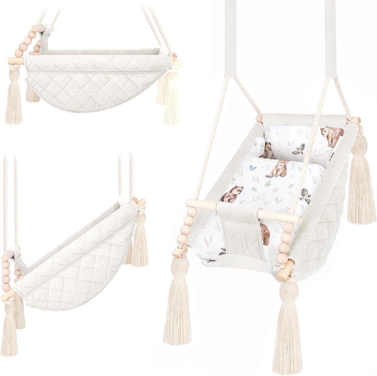 Babyschommel Hangmat - Hangstoel Baby - Baby Ontspannen - Gepersonaliseerd Borduurwerk - Max 25 kg - Natuurlijk Beige