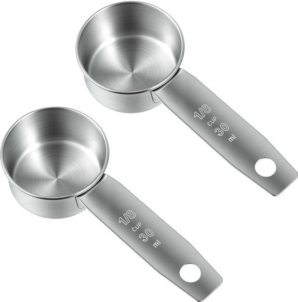 Tyqour 2 STUKS 1/8 Maatlepels 1/8 Kop (30ml, 1oz) Maatbekers 1/8 Theelepel Maatlepel Roestvrijstalen Koffie Meetlepel Duurzame Metalen Maatbekers