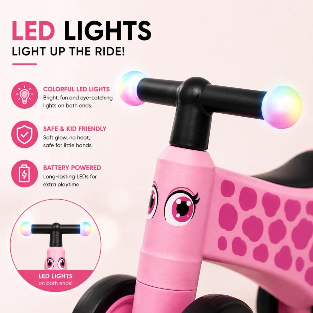 VROOOMY Baby Loopfiets 1 tot 3 jaar – Stabiele Loopwagen met LED-verlichting in het Stuur – Kinderfiets met 4 EVA-Wielen & Ergonomisch Design – Roze thumbnail 3