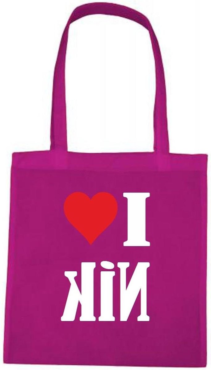 Schoudertas I Love Nik - Draagtas Shopper - Boodschappen Doen - 100% Katoen - 38x42 cm - Roze