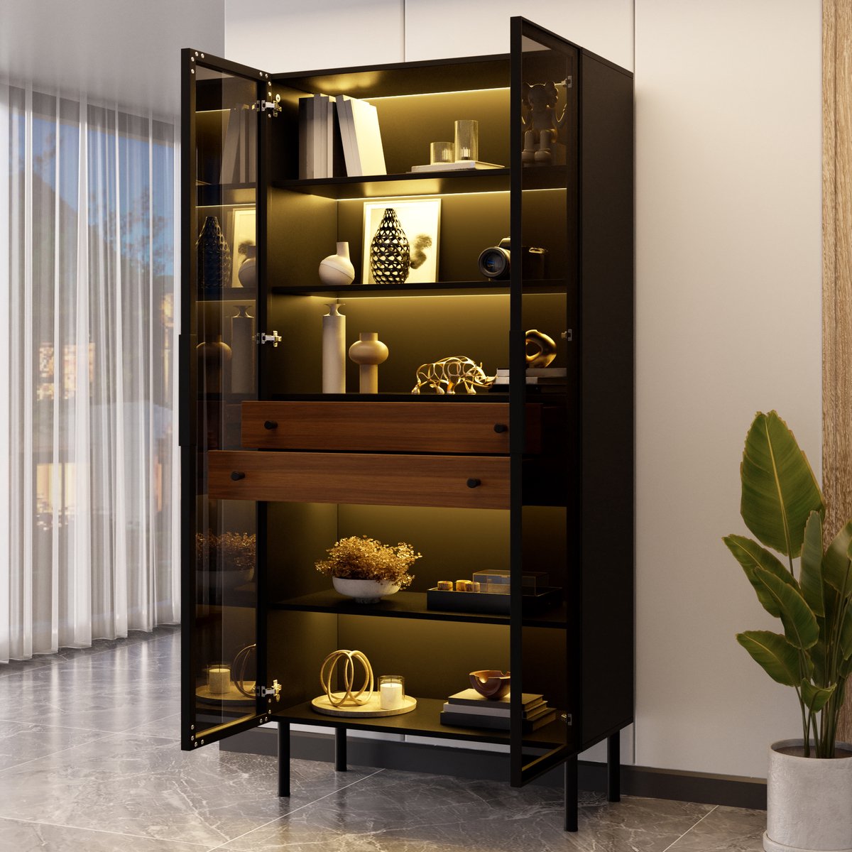 Pugsdrly Vitrine met glazen deuren, LED-verlichting via app te bedienen, 2 lades, binnenplanken, staande vitrine voor de woonkamer, opbergkast met glazen voorkant
