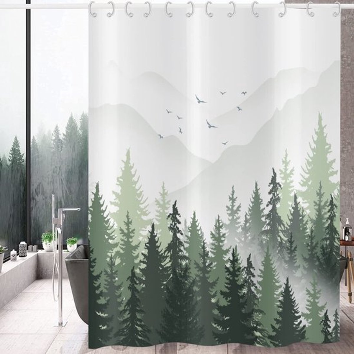 Groen douchegordijn - Waterdicht - 180x180 cm - Natuur design - Wasbaar polyester - Geschikt voor badkamer - Misty Forest