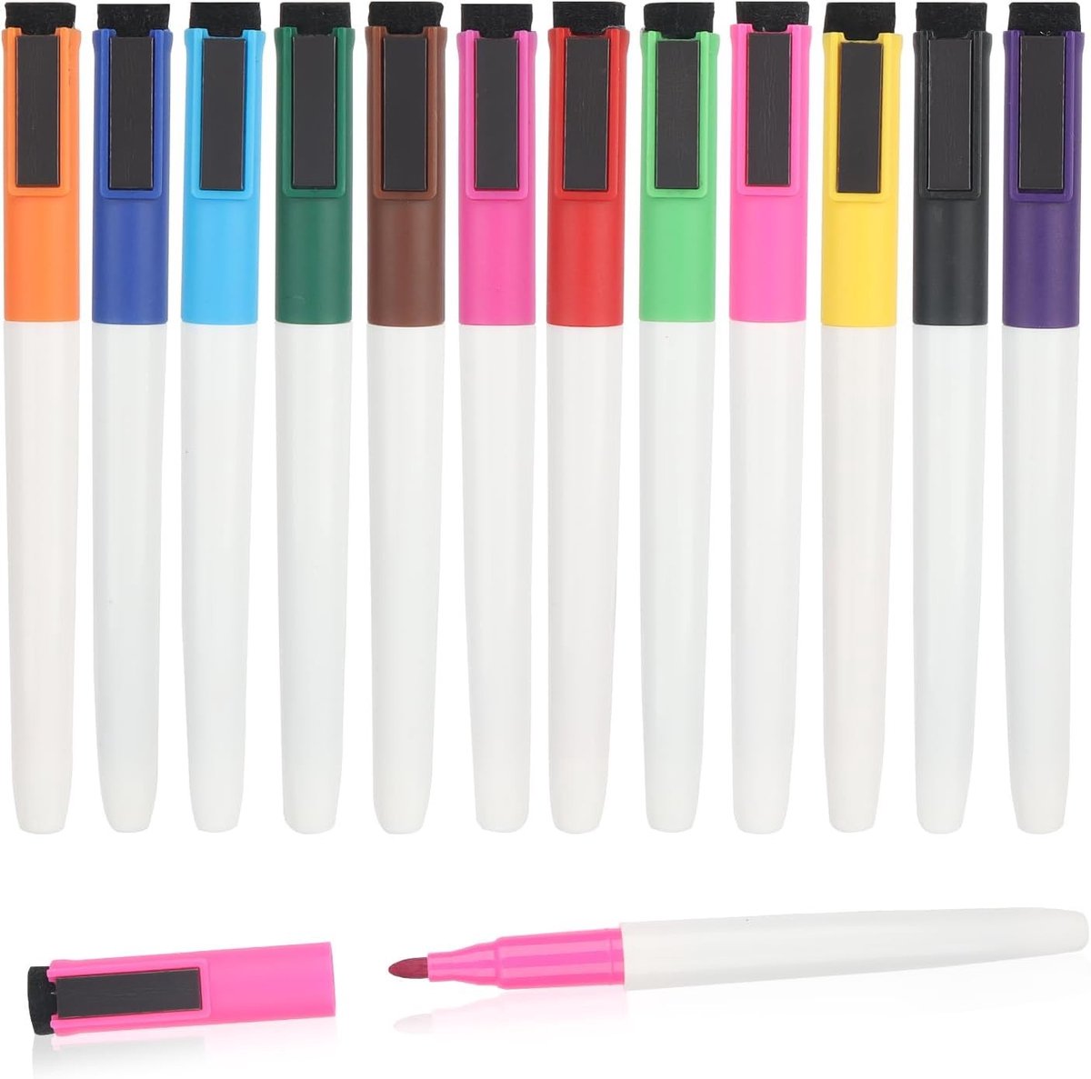 Whiteboard-markeerset - Veelkleurig - 12 Stuks - Magnetische en Afwasbare Markers met Spons in Deksel - Voor School en Kantoor