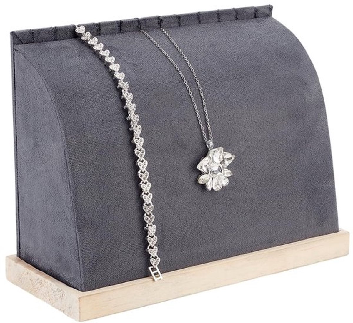 Sieradenstandaard voor 11 Kettingen - Velours Houder - Houten Beugel - Organiseren en Tonen - 9 cm Breed - 21 cm Lang - 15,8 cm Hoog - Sieradenhouder