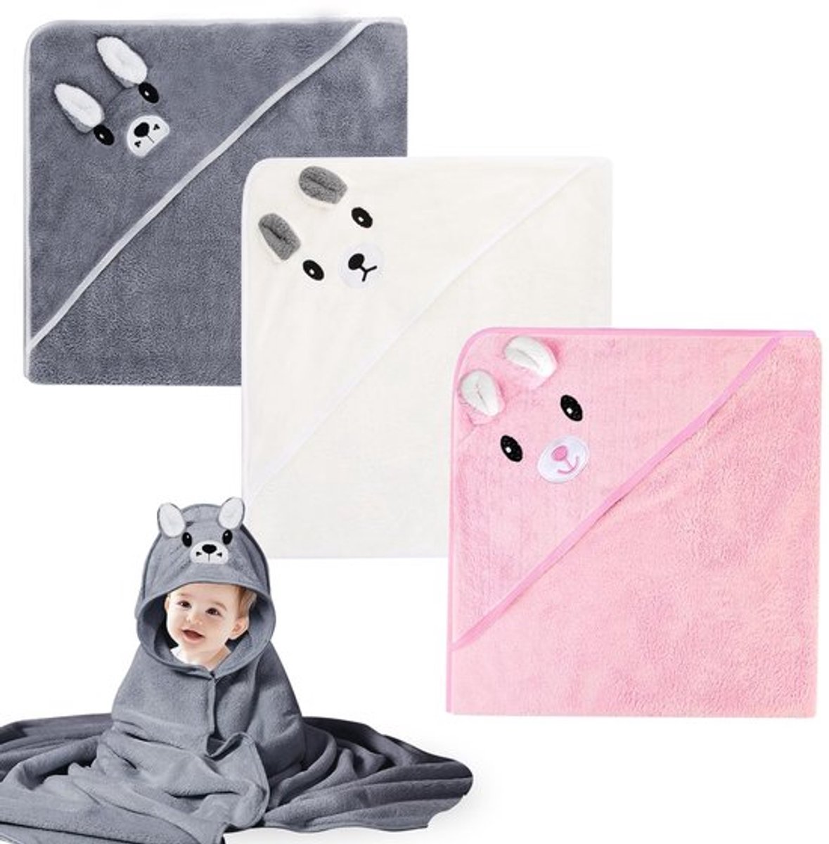 Babyhanddoek met capuchon - 3 stuks - 80 x 80 cm - Zachte capuchonhanddoek - Dierenpatroon - Herbruikbaar en pluist niet - Badhanddoek