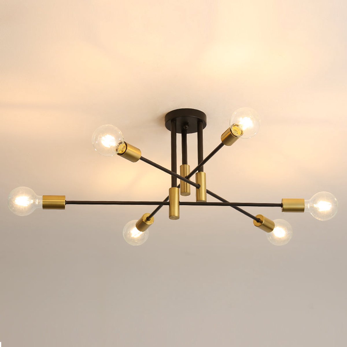Riserva Plafondlamp Zwart Goud - 6-Lichts - E27 - Max. 60W per Lichtpunt - Industriële Vintage Plafondlamp