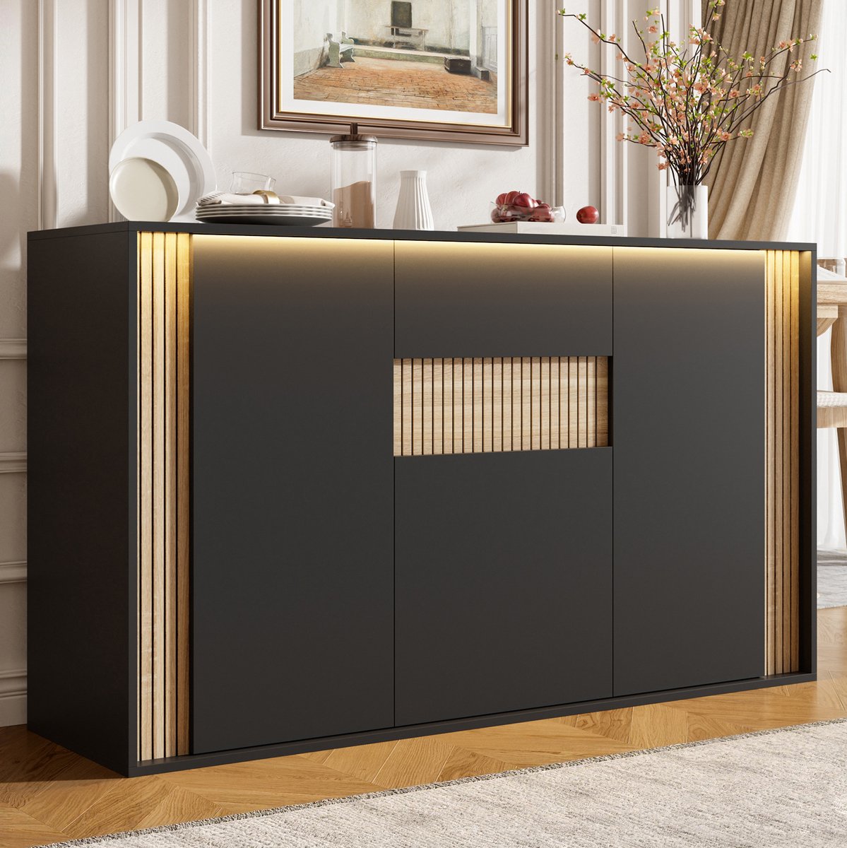 DESMIU Dressoir - Modern Design Met Led Verlichting En 3 Deuren En 1 Lade - Voor Woonkamer, Hal En Eetkamer - Spaanplaat - Zwart - 140x40x82 Cm