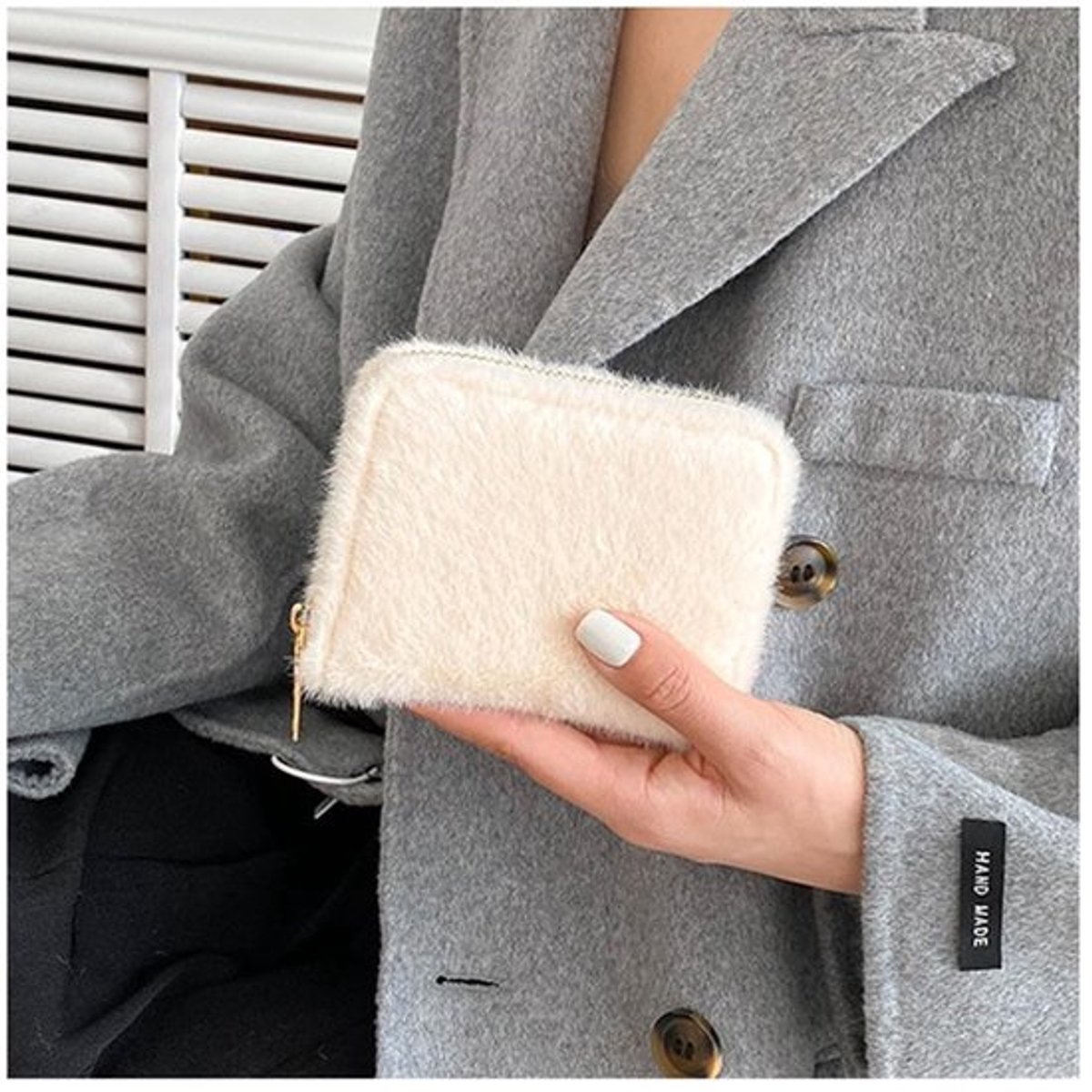 Pluche Damesportemonnee met Ritssluiting - Beige
