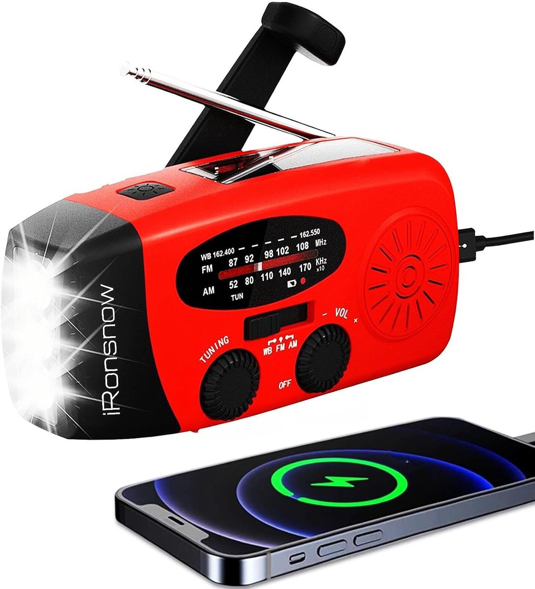 Noodradio solar en opwindbaar - Rood - 13 x 4,6 x 6 cm - Zelfaangedreven met LED Zaklamp en USB Oplader - Voor Camping en Noodgebruik
