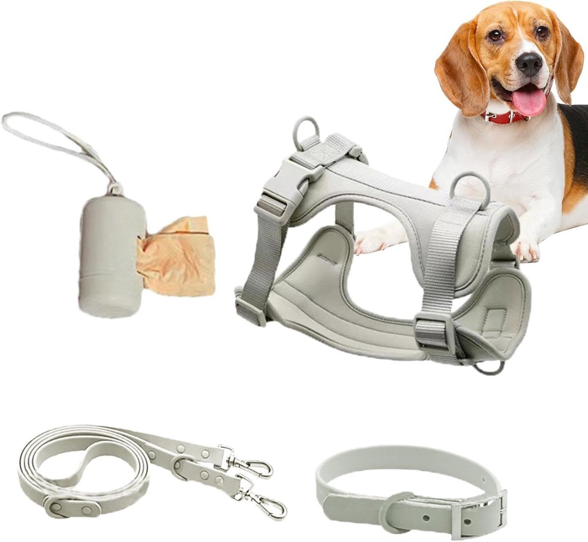 Honden Tuigje Set - Harnas en Lijn - Dagelijkse Wandelingen - Waterdicht PVC Materiaal - XS - Lichtgrijs