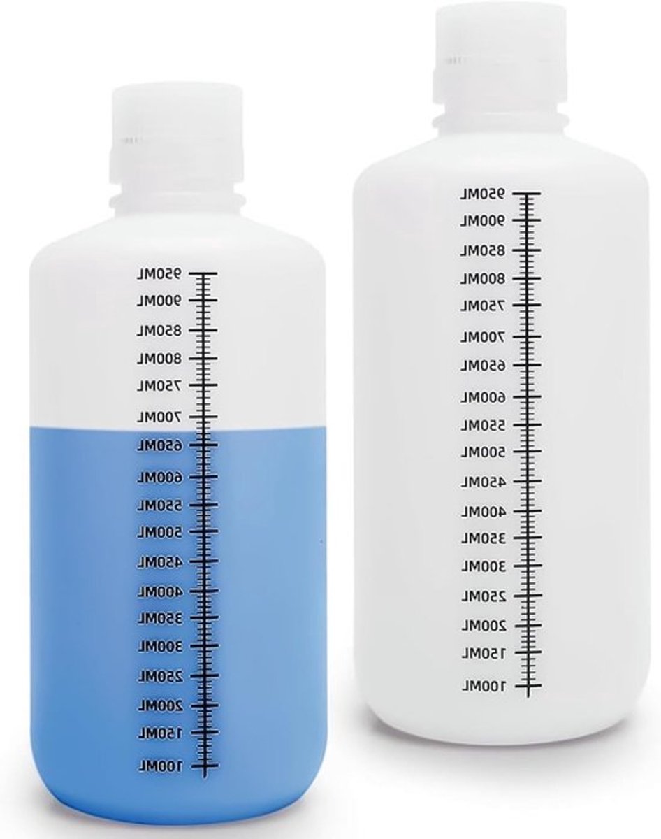 Set van 2 HDPE Testbuizen van 1000ml, Lekvrije Plastic Flessen met Schroefdop voor Laboratorium en Keuken, Transparant en Duurzaam