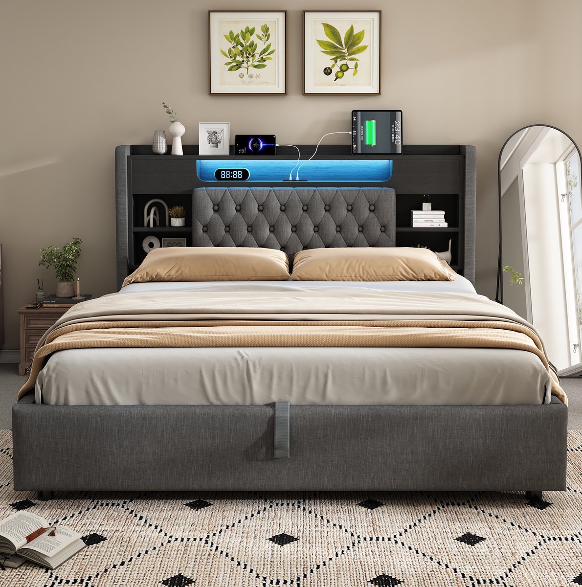 Wishdor Gestoffeerd bed 140x200 cm - LED verlichting - opbergruimte - usb/type-c - grijs - lattenbodem - zonder matras