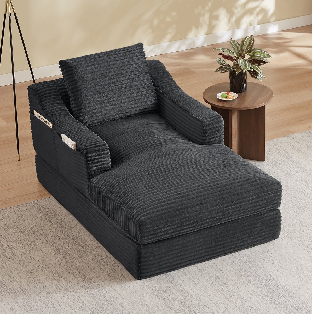 Wishdor Zitzak loungestoel - Corduroy - Uitklapbaar tot bed - Met rugleuning en armleuningen - Donkergrijs - 160 x 100 x 85 cm